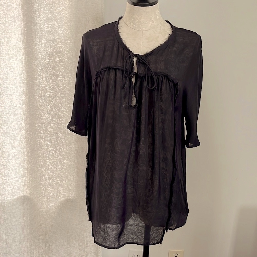 Zara Navy Silk Tunic Top with Raw Edge Seams